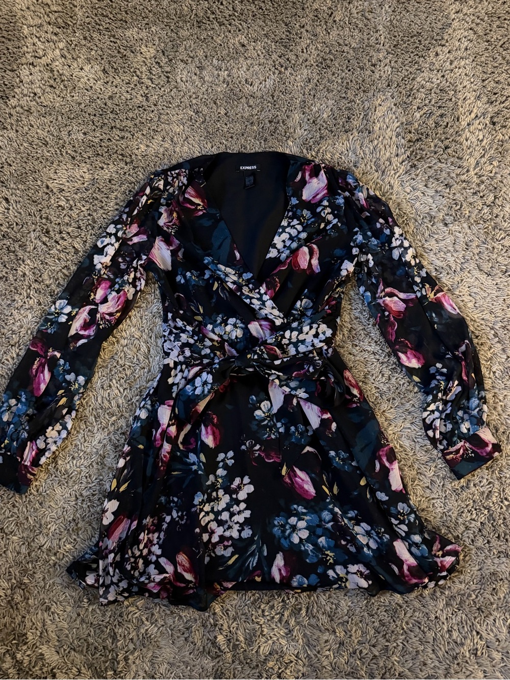 Express Black Floral Wrap Dress with Pink & White Accents with sheer sleeves